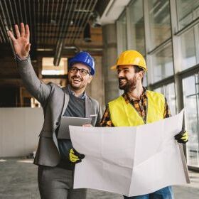 2 men with yellow and blue helmet discuss with a plan